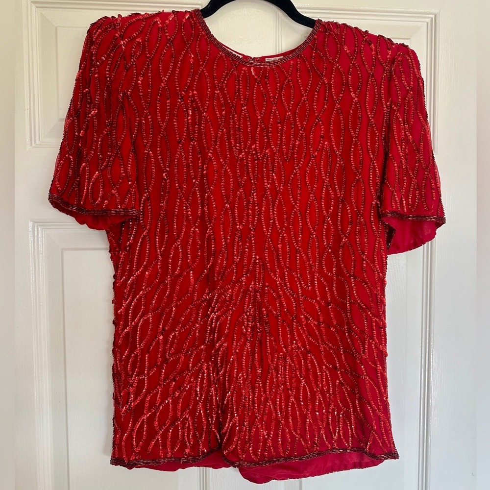 Vintage & Stunning Laurence Kazar Red Beaded Sequin Blouse / Top • Size S